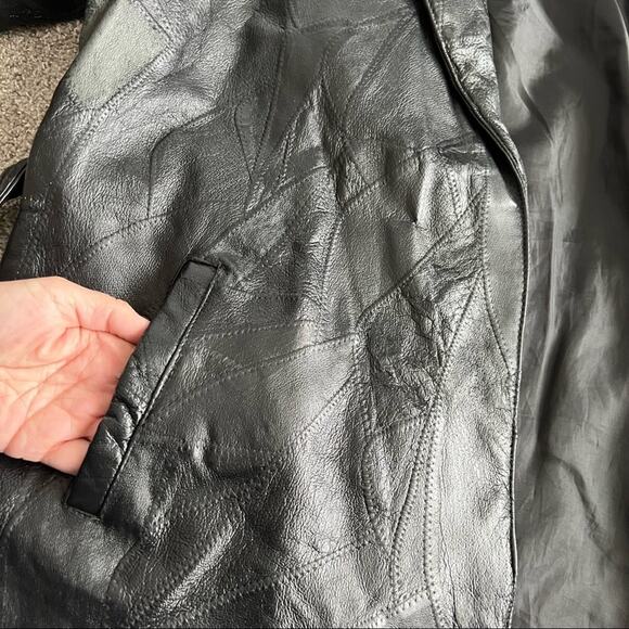 Vintage 80s 90s Italian Stone Design Genuine Leather Patchwork Trench Coat - Picture 5 of 16